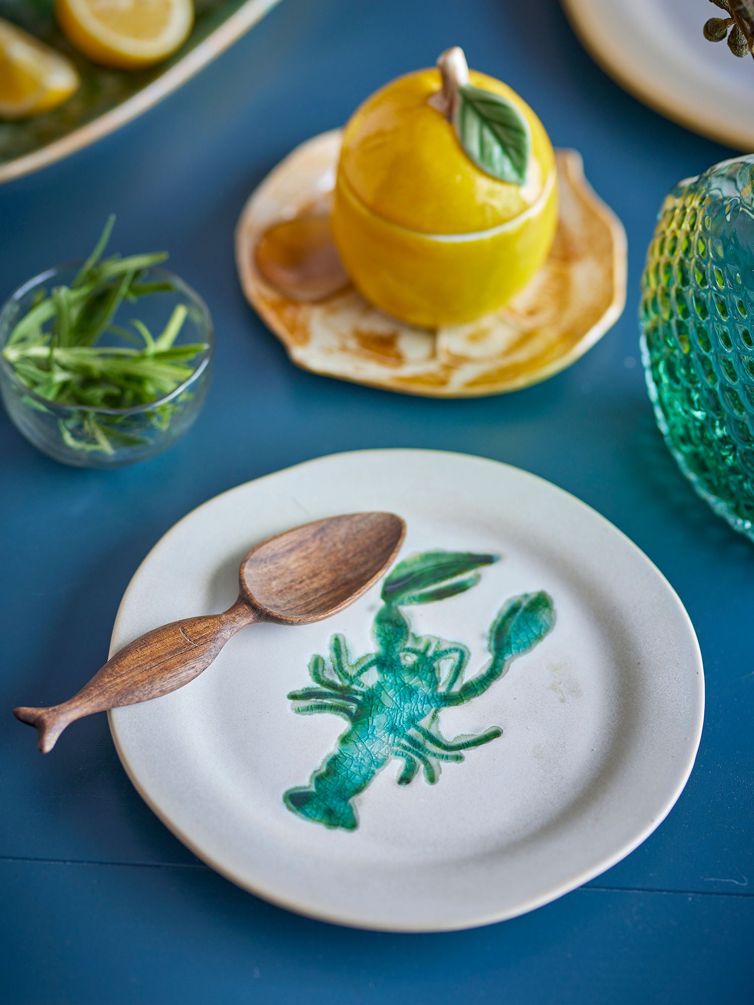 Hadden Steingut Teller mit Grünem Hummer Motiv Glasiert Vierer Set