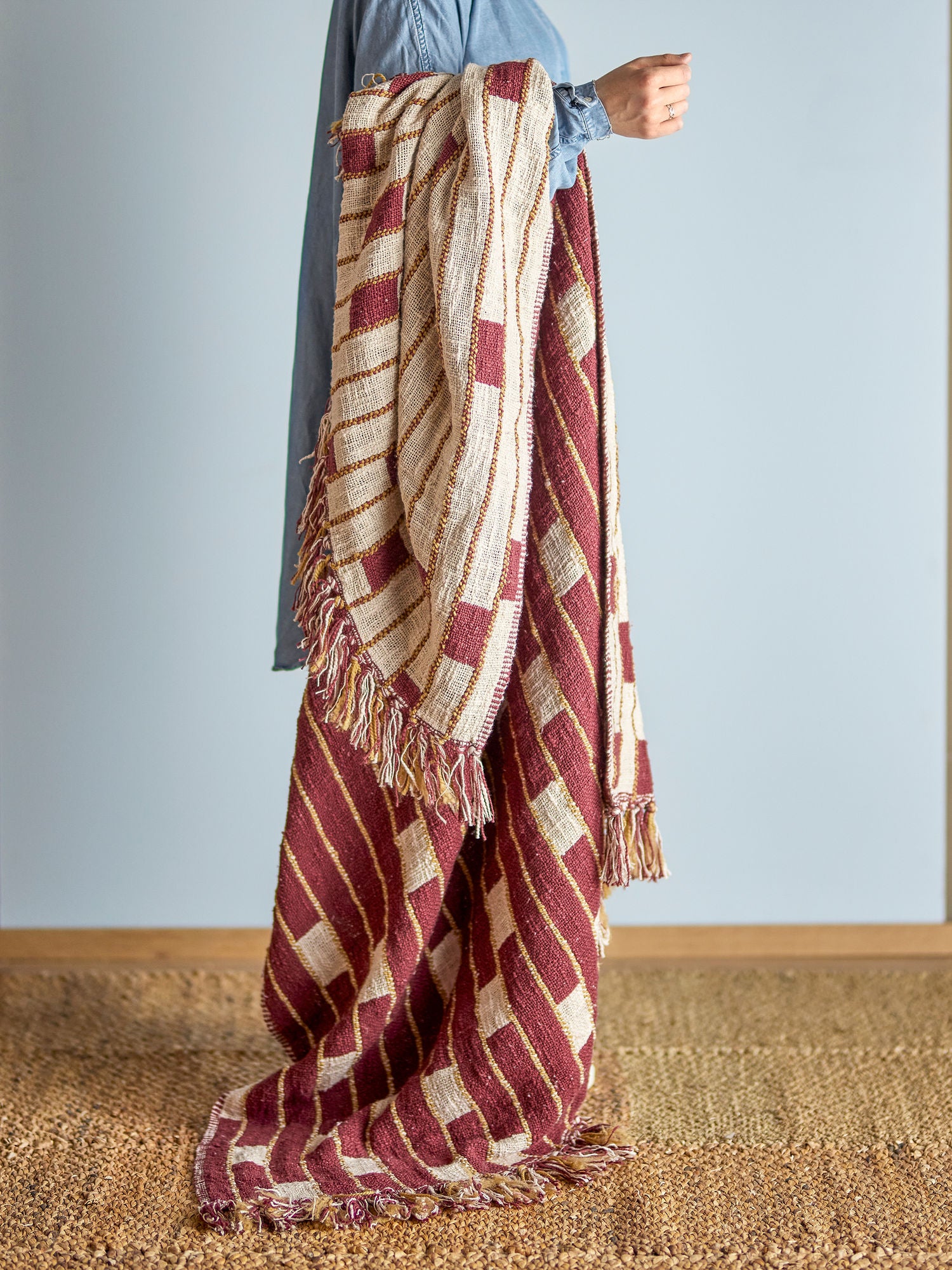 Cang Decke, Baumwolle mit Streifen in Rot- und Beigetönen