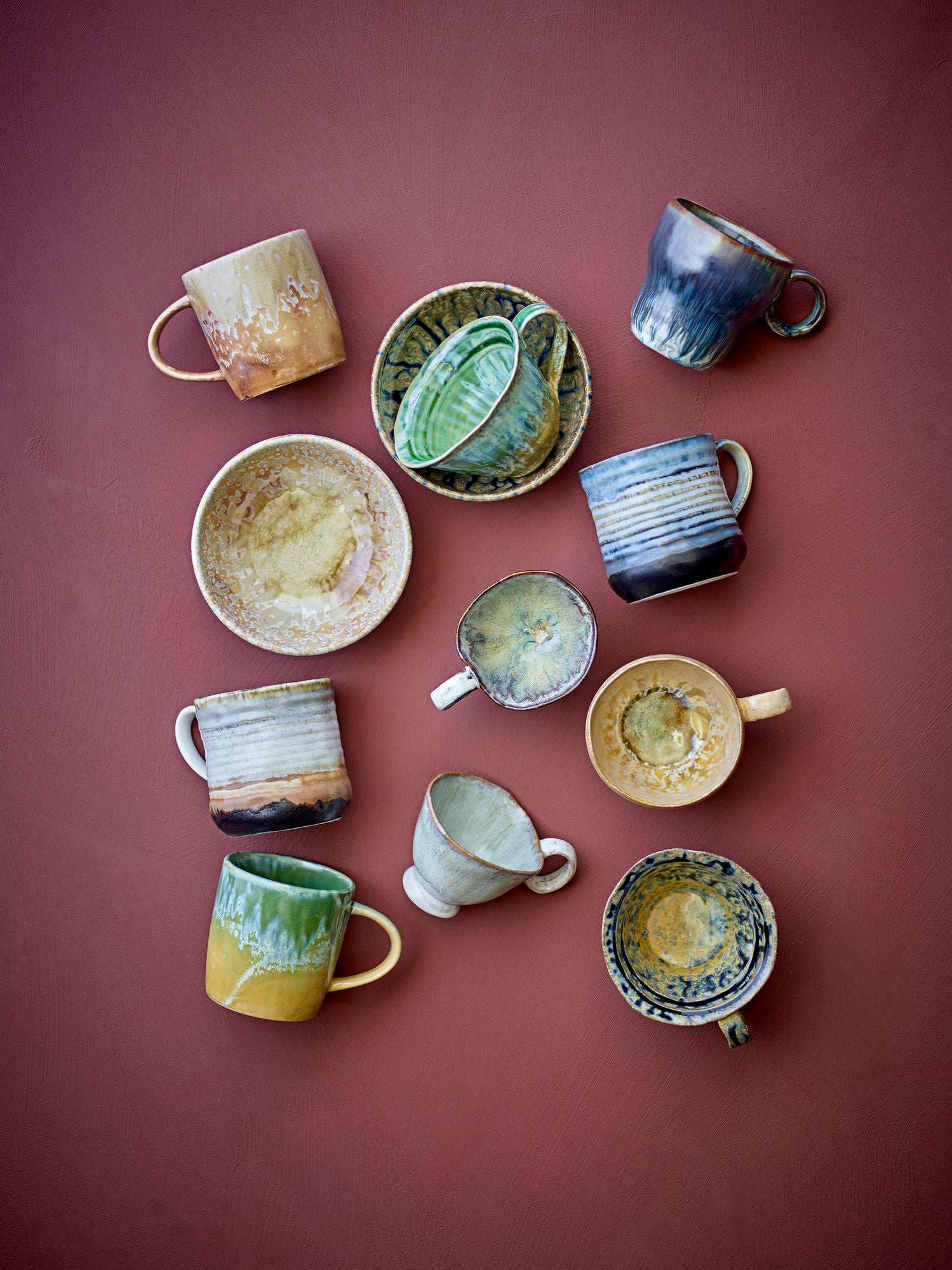 Deana Becher Set Steingut mit Reaktiver Glasur Blau Beige Streifen Unikate