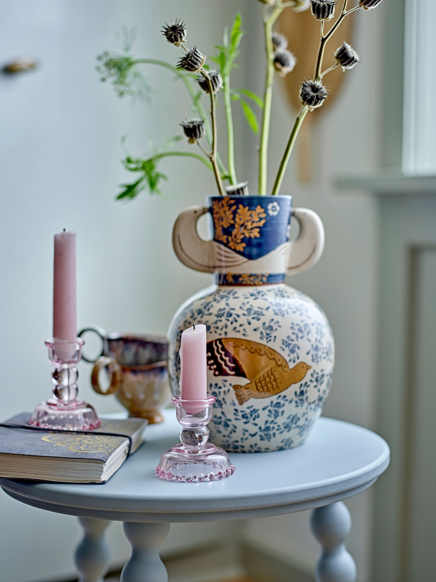 Hezha Steingut Vase Blau Handdekoriert mit Vogelmotiven und Geprägtem Design