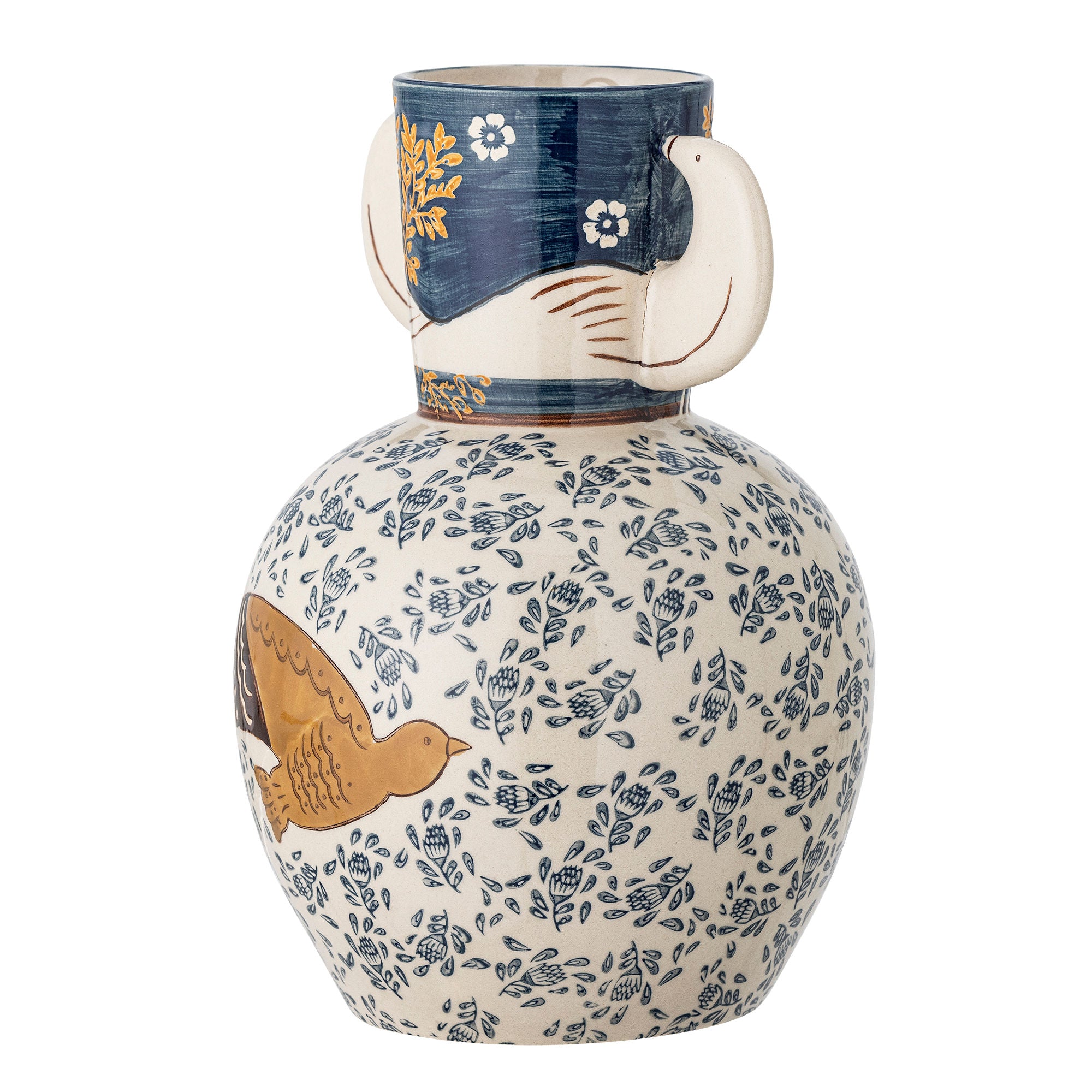 Hezha Steingut Vase Blau Handdekoriert mit Vogelmotiven und Geprägtem Design