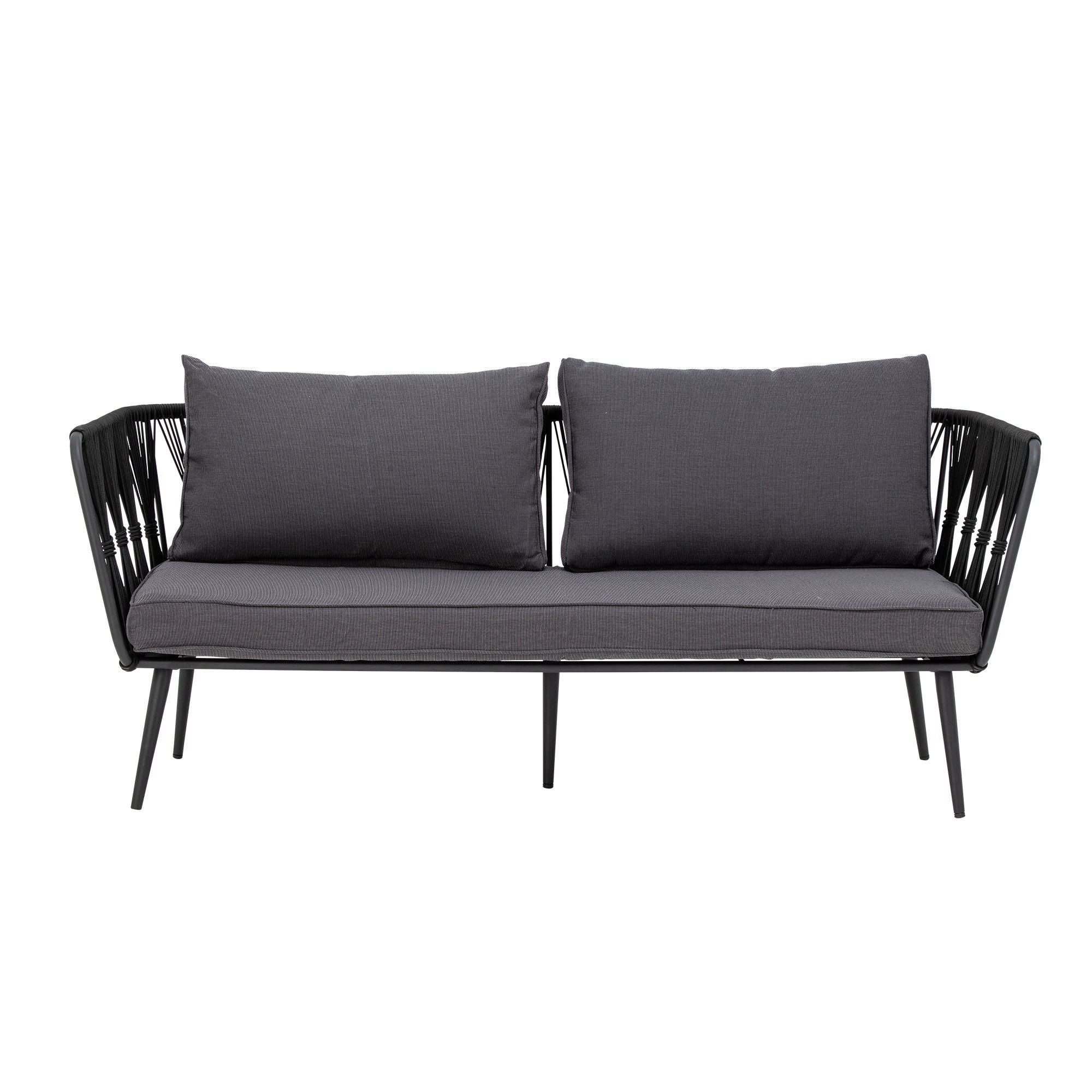 Pavone Sofa Schwarz Metallrahmen mit Handgewebtem Seil und Dunkelgraue Kissen