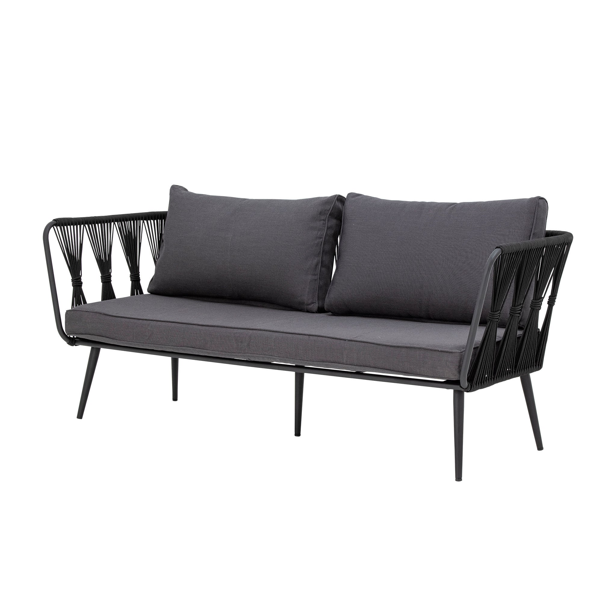 Pavone Sofa Schwarz Metallrahmen mit Handgewebtem Seil und Dunkelgraue Kissen