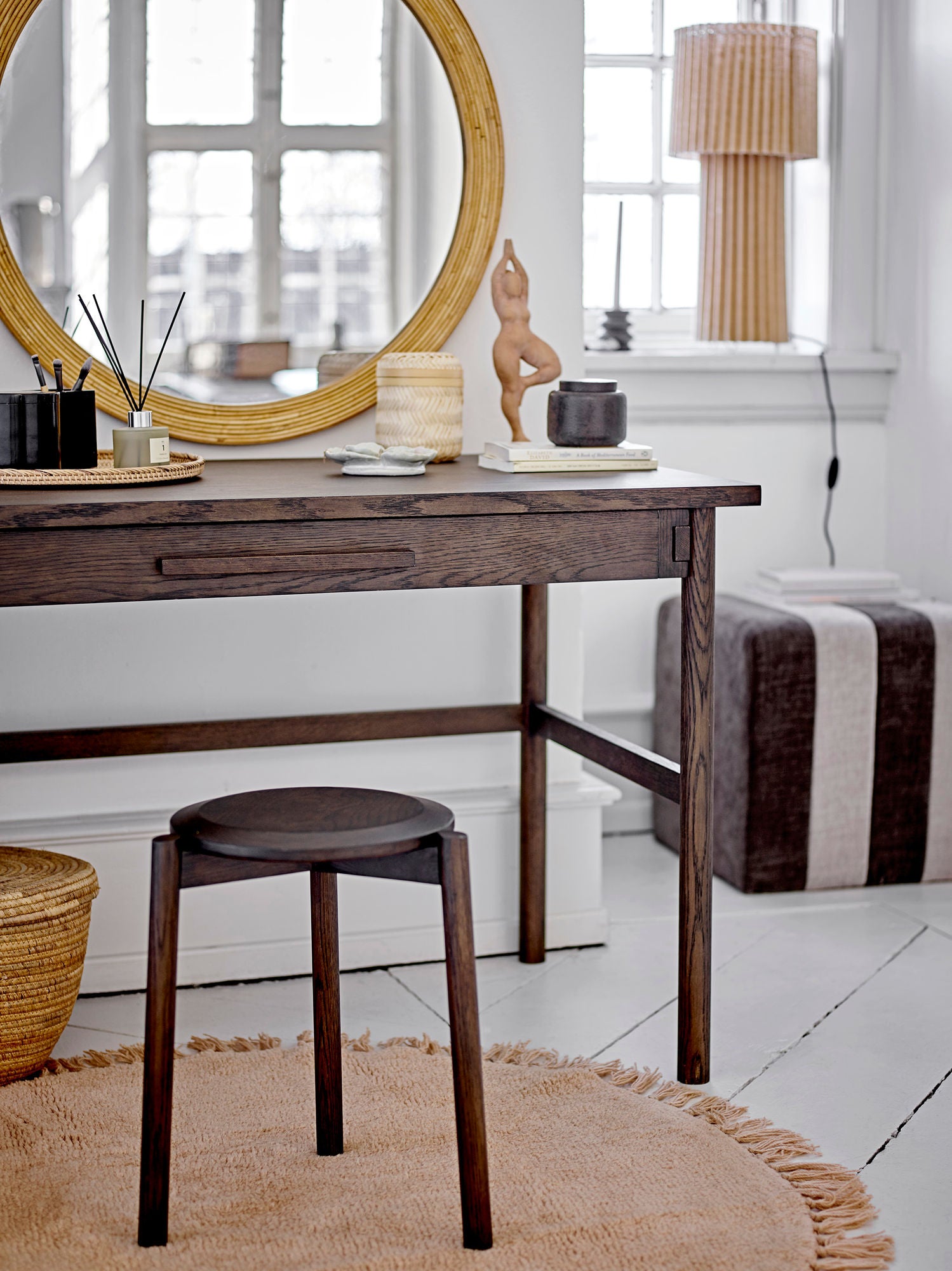 Lenea Teppich Braun Wolle Rund mit Fransen für Gemütliches Zuhause