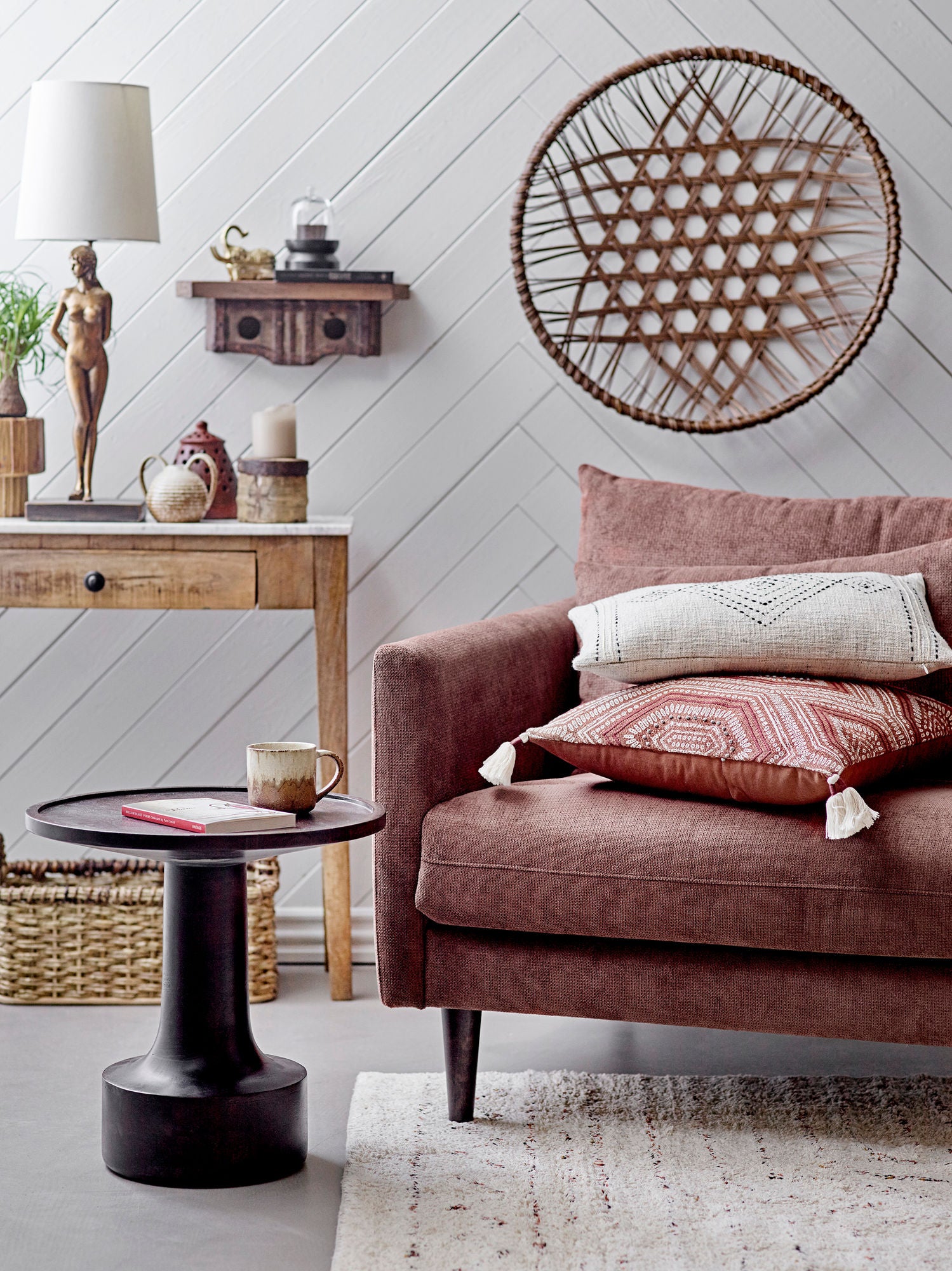 Kissen Braun Baumwolle Leinen mit Doppelquasten Druckmuster und Gestickten Details für Gemütliches Sofa