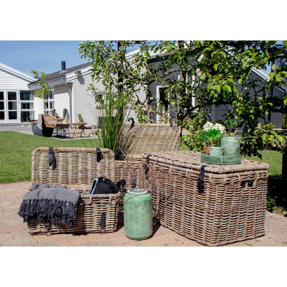 Depok Aufbewahrungskisten Aus Kubu Rattan Grau mit Ledergriffen Dreier Set für Wohnzimmer und Flur Als Dekoratives Ordnungsset