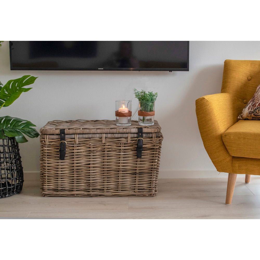 Depok Aufbewahrungskisten Aus Kubu Rattan Grau mit Ledergriffen Dreier Set für Wohnzimmer und Flur Als Dekoratives Ordnungsset