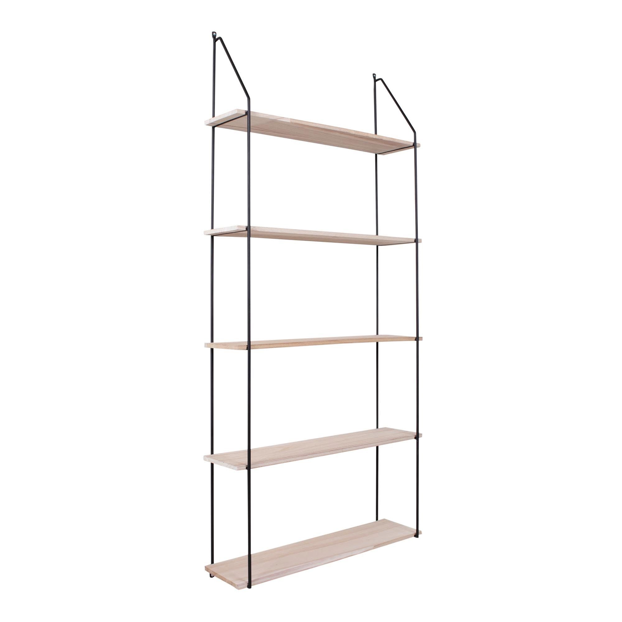 Eindhoven Wandregal mit Fünf Naturholzablagen und Schwarzem Rahmen für Viel Stauraum und Ordnung 65x17x145 cm