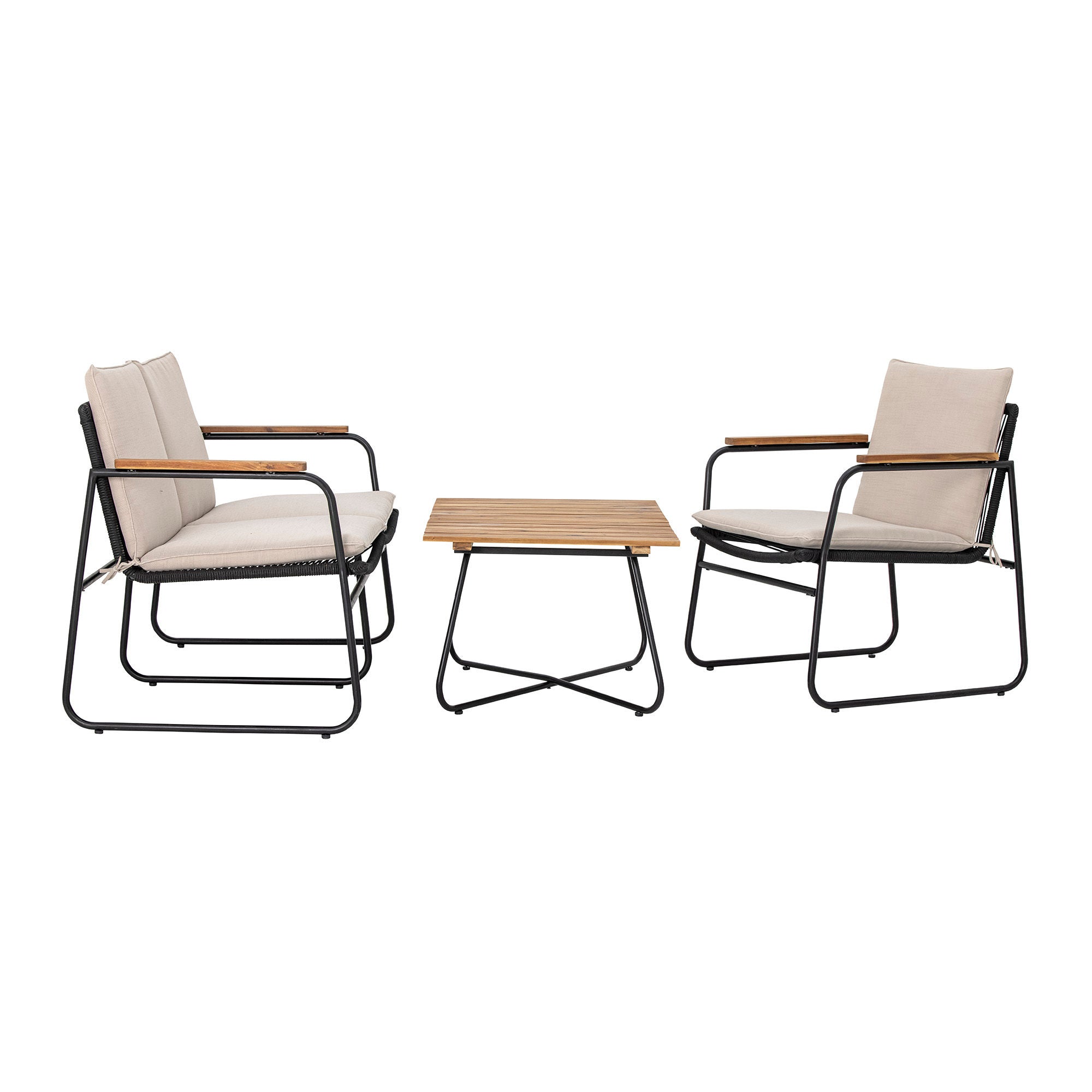 Hampton Garten Sofa Aus Akazienholz und Schwarzem Metall mit Geflochtenem Seil und Leichte Bauweise für Terrasse