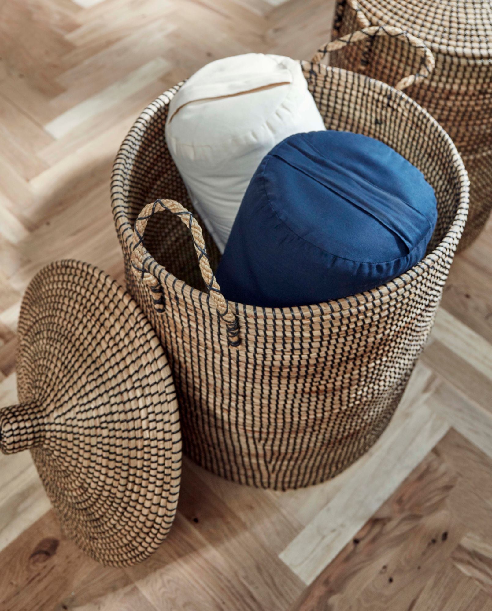 LAUDY Aufbewahrungskorb Set Natur Schwarz Handgefertigt Aus Naturfasern