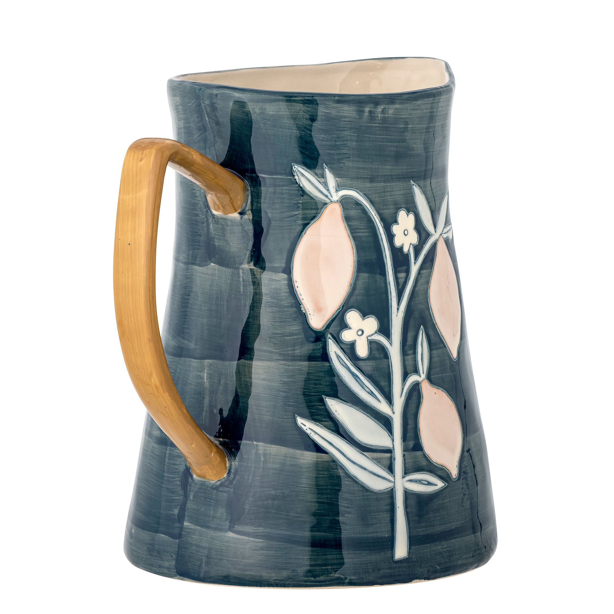 Steingut Krug Blau mit Handbemalten Blumenmotiven