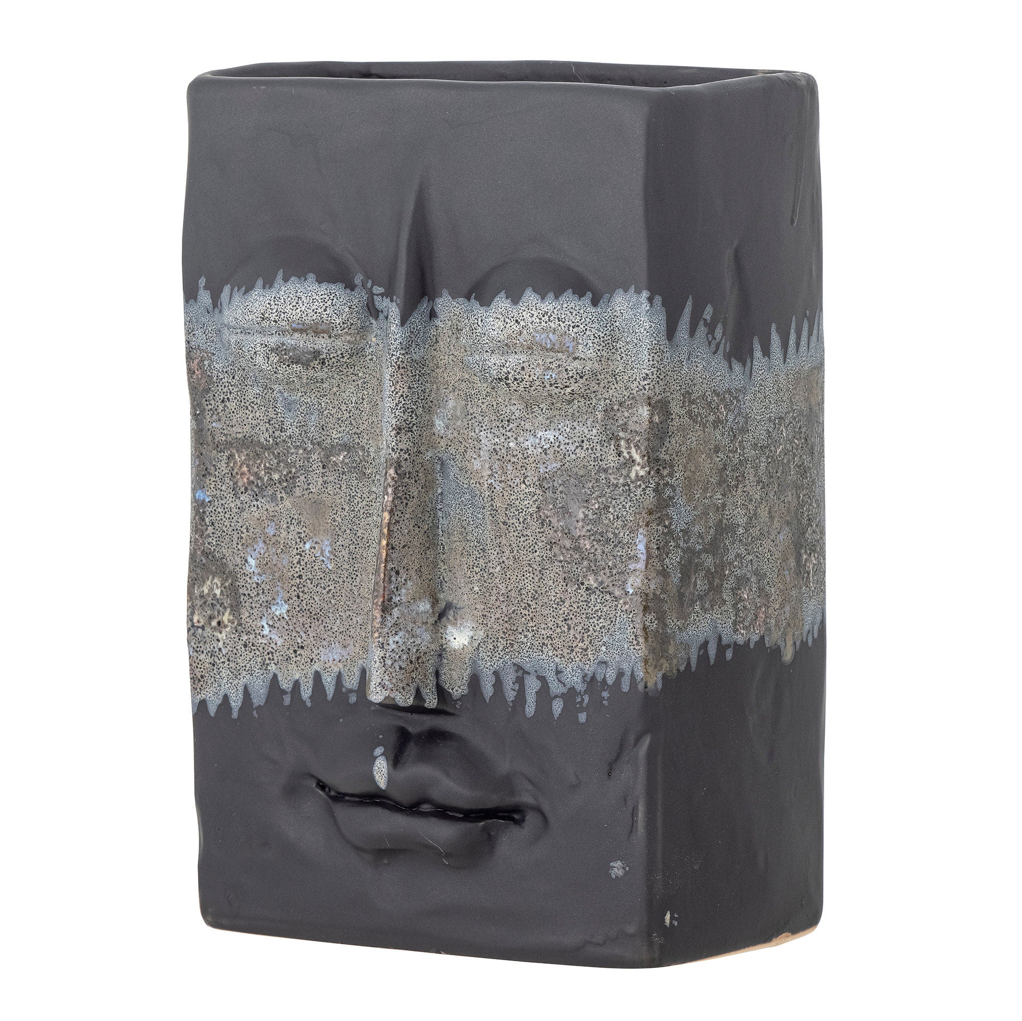 Nasru Vase Schwarz Steingut mit Reaktiver Glasur und Skulpturalem Antlitz