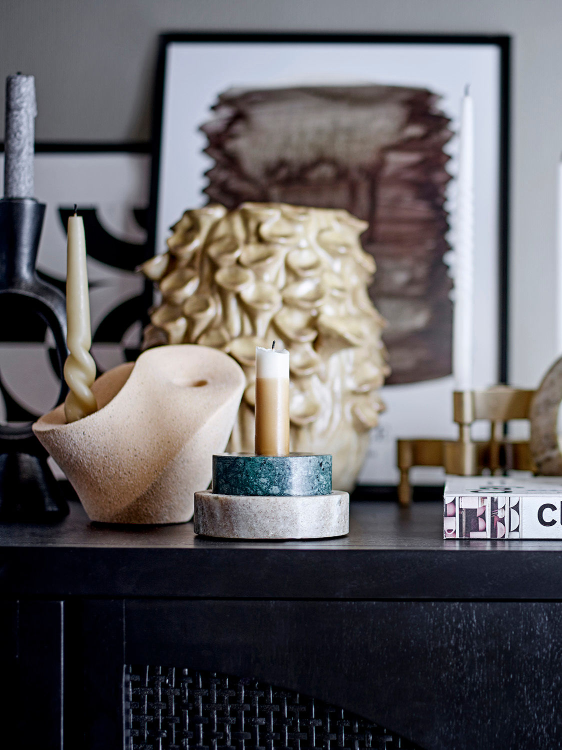 Brent Kerzenhalter Aus Steingut Natur Beige mit Grafischer Form für Zwei Kerzen