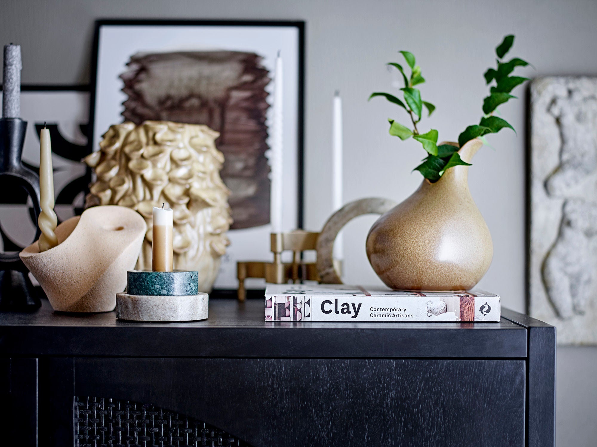 Brent Kerzenhalter Aus Steingut Natur Beige mit Grafischer Form für Zwei Kerzen