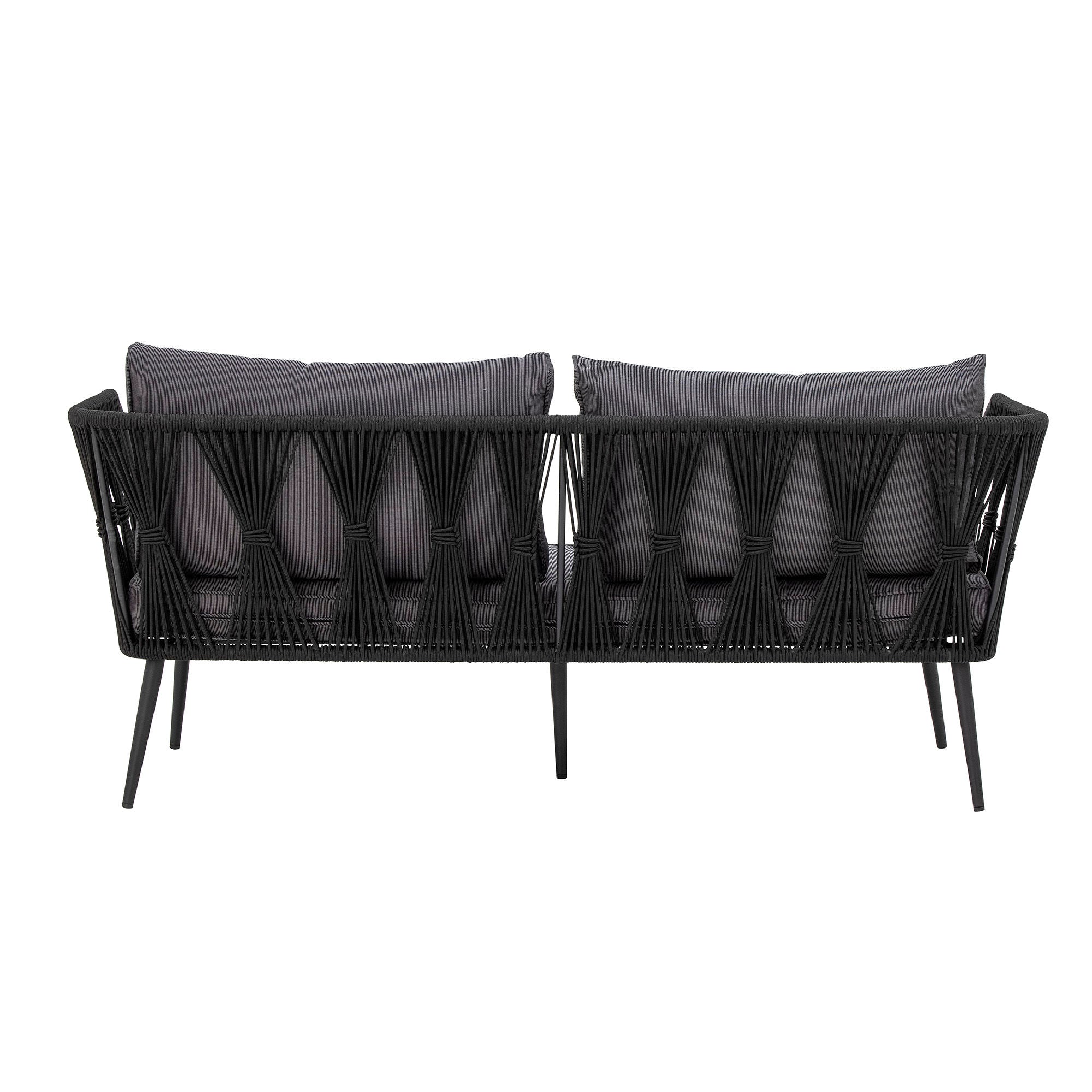 Pavone Sofa Schwarz Metallrahmen mit Handgewebtem Seil und Dunkelgraue Kissen