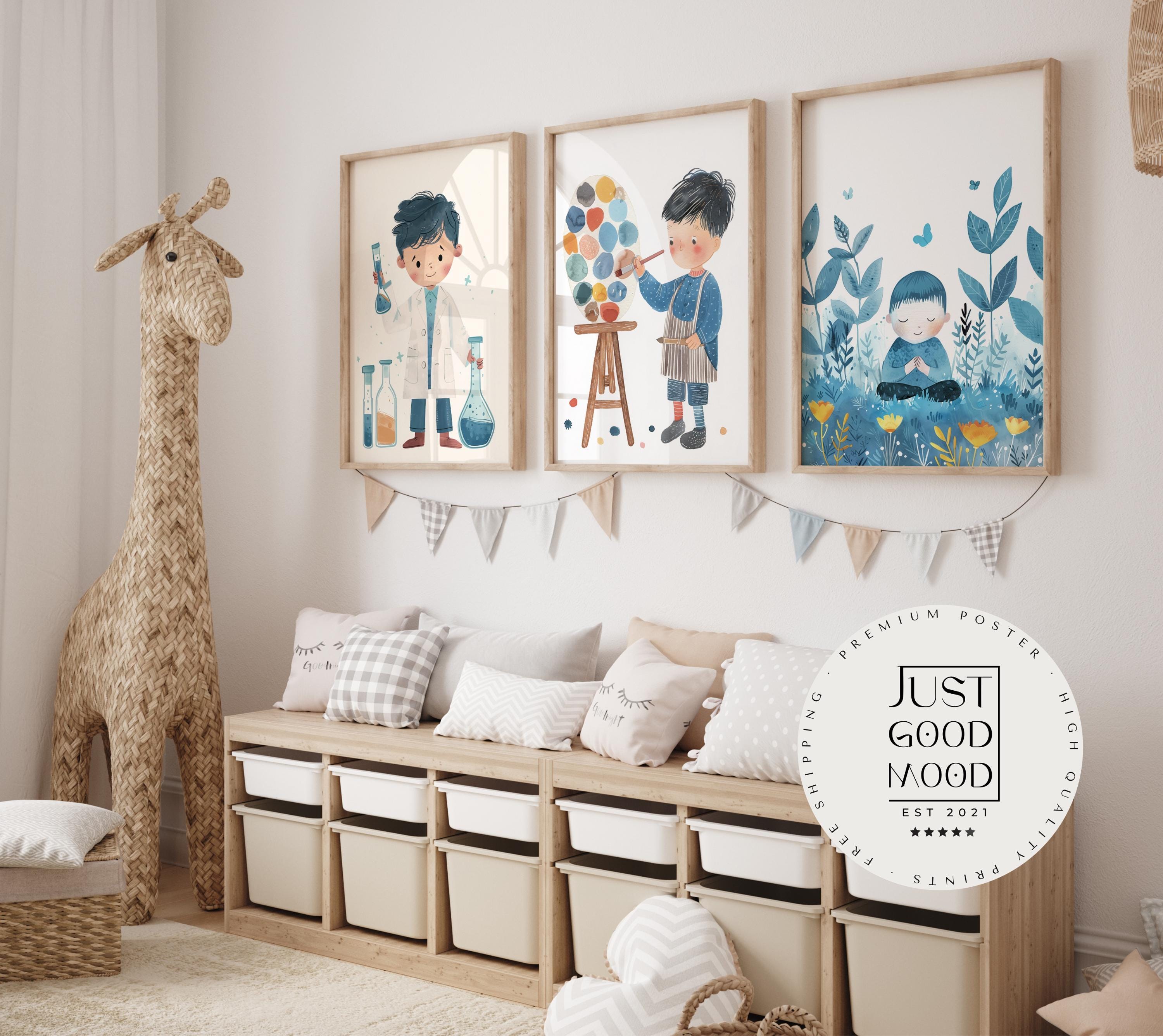 Poster Kinderzimmer Aquarell · Junge Wissenschaftler · Mädchen Künstlerin · Mutter umarmt Kind Kunst Bilder · Wand Deko · ohne Rahmen-0